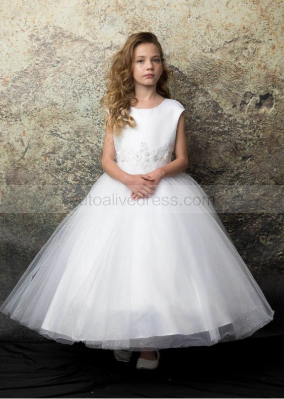 Pearls Neck White Satin Glitter Tulle Flower Girl Dress